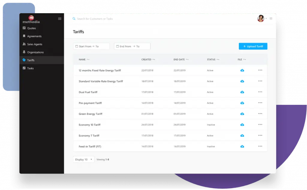 Energy broker portal dashboard tariffs