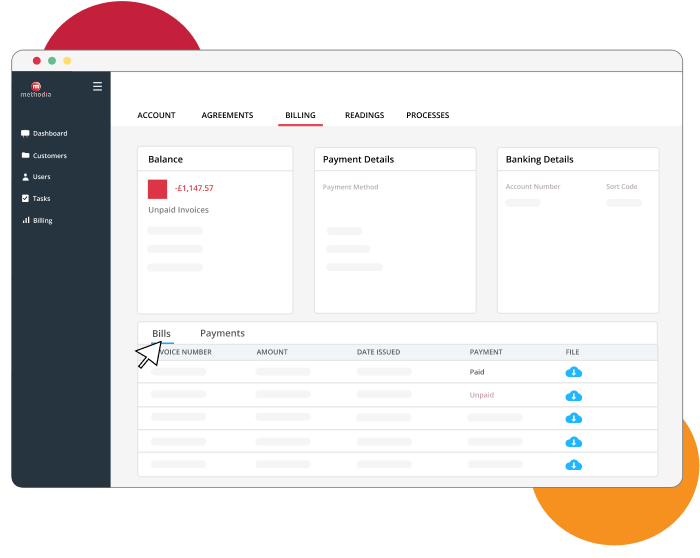 Methodia billing dashboard bills