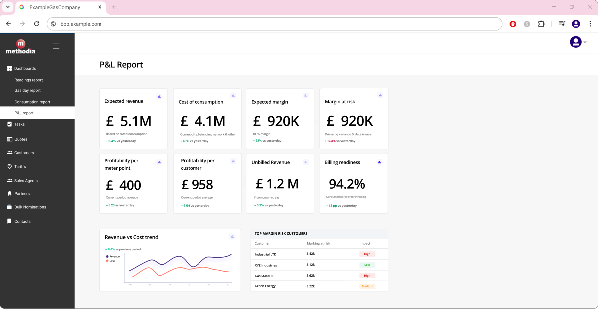 methodia for utilities live P & L